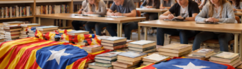 Каталонские флаги на книгах и валенсийские флаги на полках в школьной библиотеке