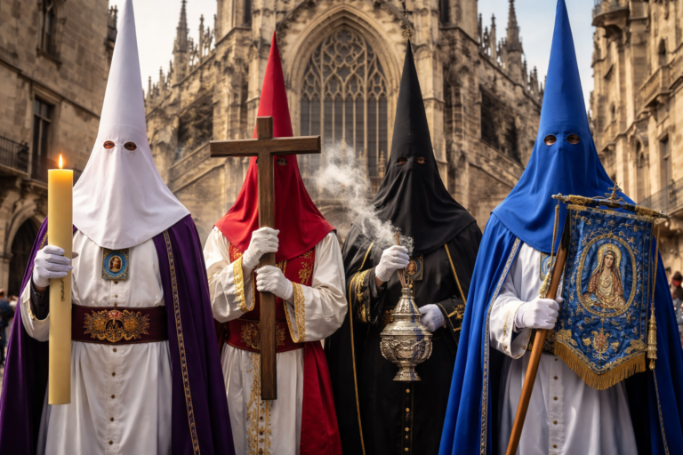 Nazarenos разных братств Semana Santa с символами: свеча, крест, кадило и знамя на фоне готической церкви