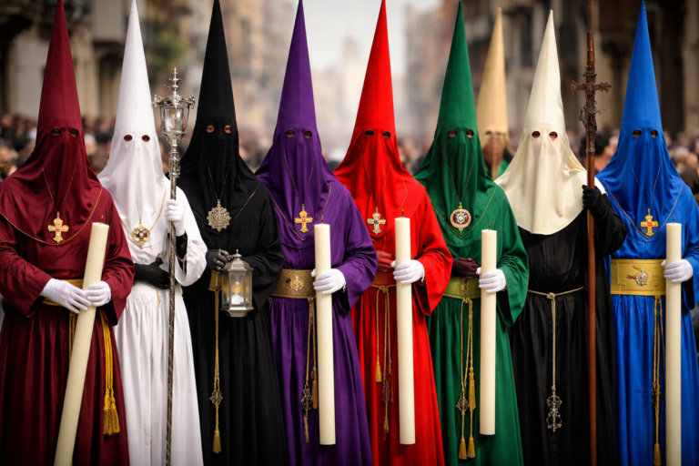 Назаренос (nazarenos) в разных цветах туник и капироте во время процессии Semana Santa