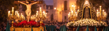 процессия Semana Santa в Дении с распятием и Девой Марией на платформах