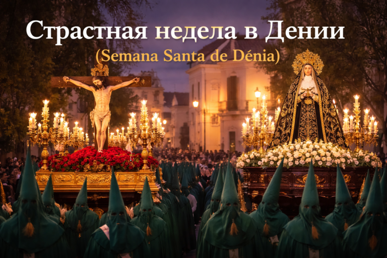 процессия Semana Santa в Дении с распятием и Девой Марией на платформах