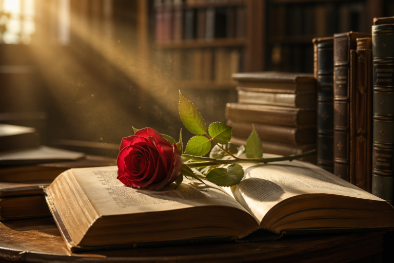 День книги — как Испания задала дату всему миру Открытая книга с красной розой в библиотеке, на страницы падает мягкий рассеянный свет.