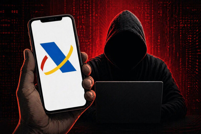 Новая схема мошенничества в Испании во время кампании по подаче налоговых деклараций: преступники выдают себя за Налоговое агентство Испании (Agencia Tributaria) Телефон с логотипом Налогового агентства Испании на фоне кибермошенника в капюшоне