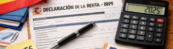 Декларация IRPF в Испании с калькулятором, евро и документами на столе