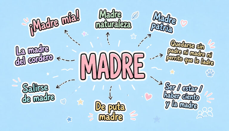 Инфографика с испанскими выражениями со словом madre на голубом пастельном фоне