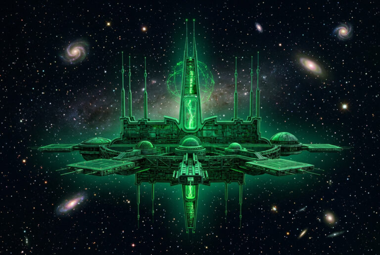 «Пуэрто Эспасиаль» (Puerto Espacial): тематическое пространство Star Wars в Вальядолиде фантастическая космическая станция на фоне галактики, иллюстрация в стиле научной фантастики