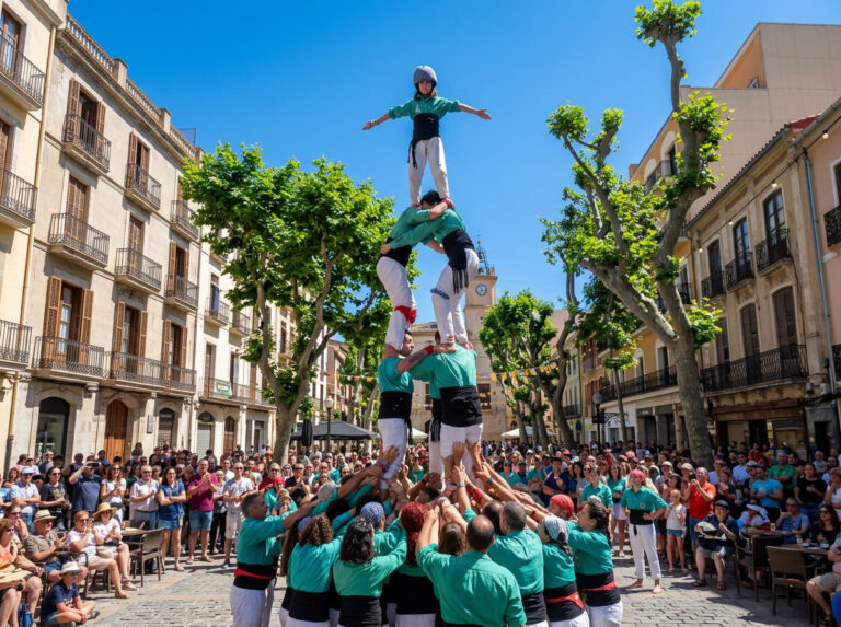 Человеческая башня castells во время фестиваля Trobada d’Escoles en Valencià в Дении