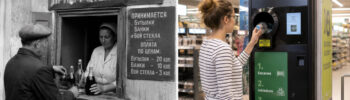 Сравнение возврата бутылок раньше и сейчас: советский пункт приёма стеклотары и современный автомат SDDR в супермаркете