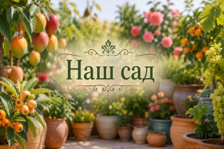 Наш сад — растения и фруктовые деревья в горшках на террасе в Испании