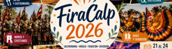 Коллаж фестиваля FiraCalp 2026 в Кальпе с тапас, вином, музыкой, коктейлями и шествием Moros y Cristianos