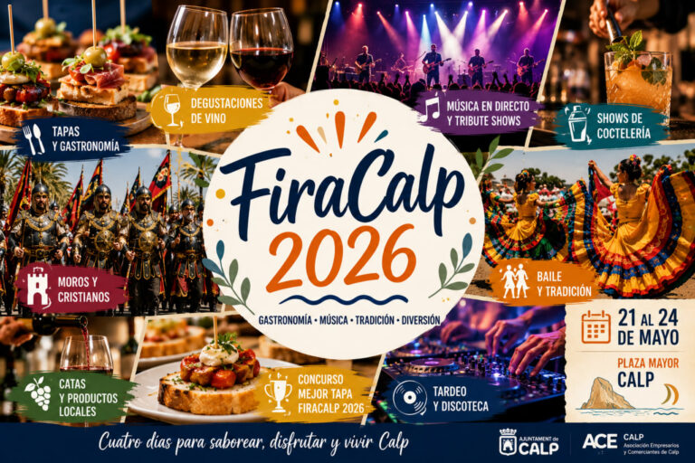 Коллаж фестиваля FiraCalp 2026 в Кальпе с тапас, вином, музыкой, коктейлями и шествием Moros y Cristianos