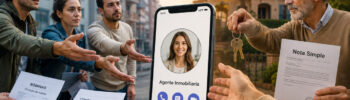 Арендаторы и арендодатель передают документы через телефон с девушкой-аватаром на экране — иллюстрация мошенничества при аренде жилья в Испании.