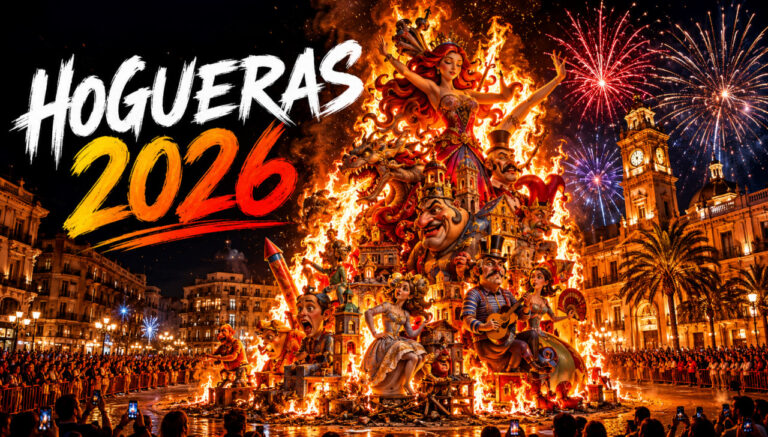 Hogueras de Alicante 2026: главные даты и события праздника Hogueras 2026 в Аликанте: горящая праздничная фигура и фейерверки над площадью