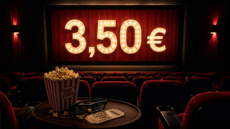 В кино за 3,50 евро: в Испании стартует Fiesta del Cine Пустой кинозал с попкорном, очками и билетом на фоне экрана с ценой 3,50 евро