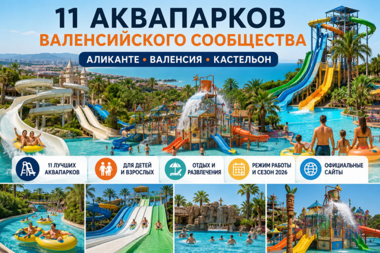 Коллаж с аквапарками Валенсийского сообщества: водные горки, бассейны и семейный отдых
