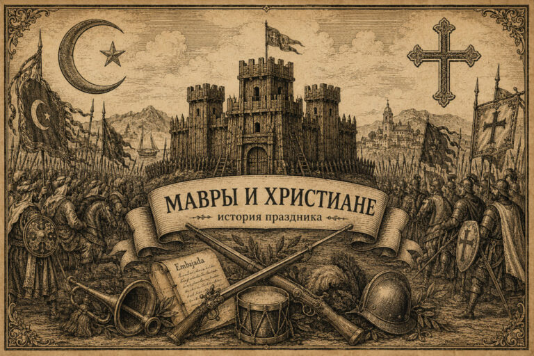 История праздника «Мавры и христиане»: не только Алькой и легенда о Святом Георгии История праздника «Мавры и христиане» — старинная гравюра с крепостью, маврами и христианами